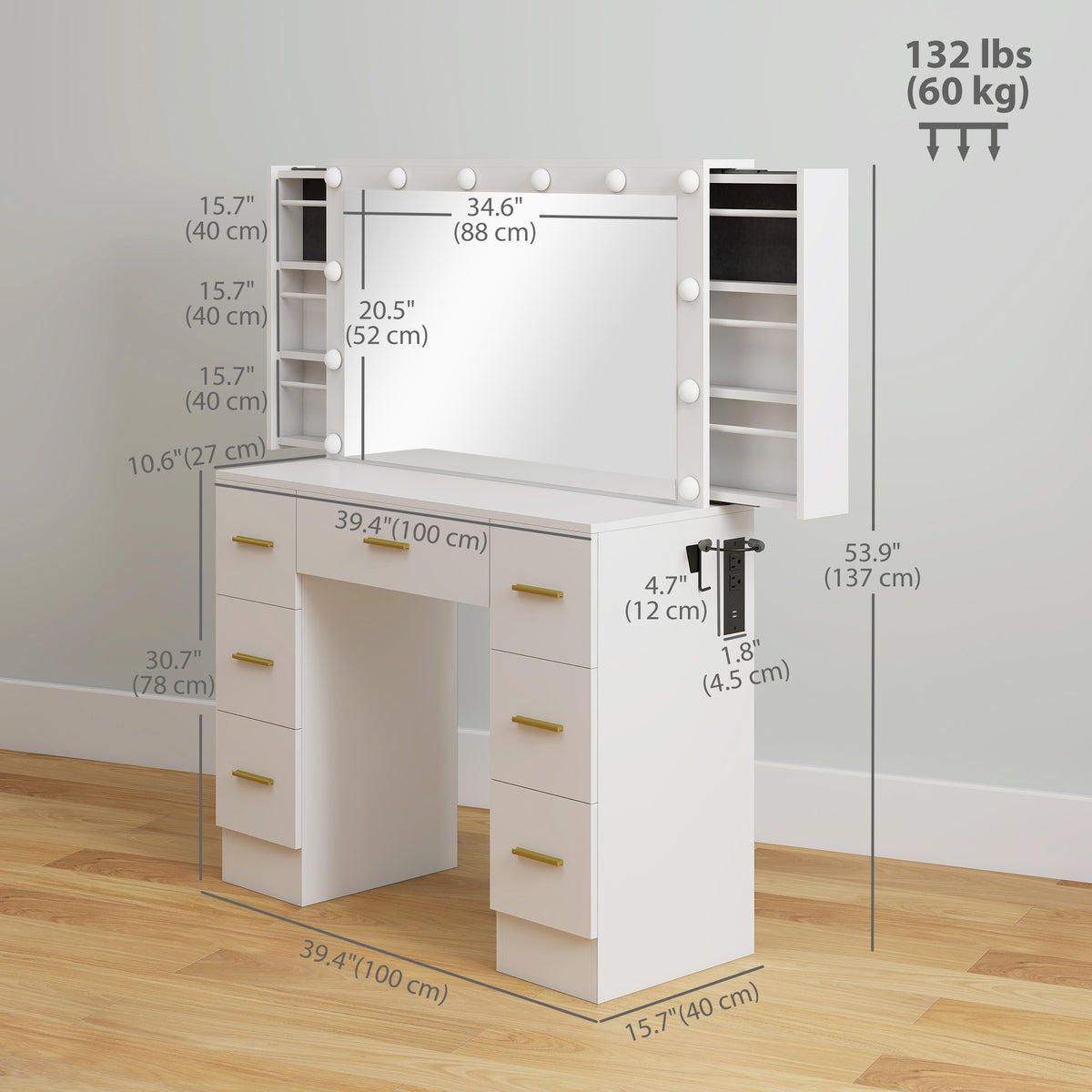 Makeup Vanity Desk with Mirror and Lights, Dressing Table with 7 Drawers, 6 Hidden Sliding Storage Compartments, White