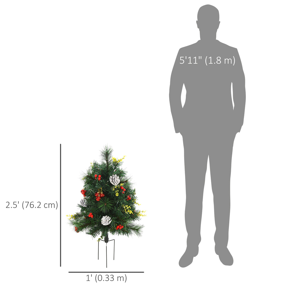 2.5ft 2 Pieces Prelit Artificial Christmas Tree with LED Light Mini Xmas Tree with Small Berry Pine Needles Pinecones Decorations for Garden