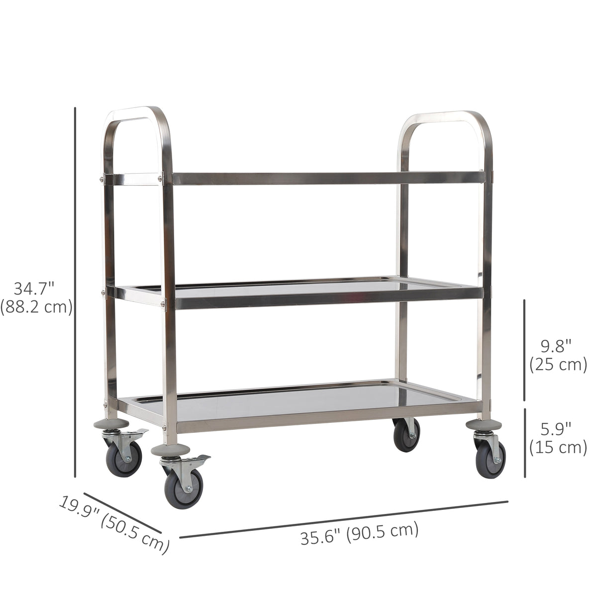 35.6" 3-Tier Kitchen Trolley Medical Treatment Laboratory Equipment Carts, Stainless Steel Rolling Kitchen Island, Wheeled Storage Utility Serving Cart, 330LBS Heavy Gauge