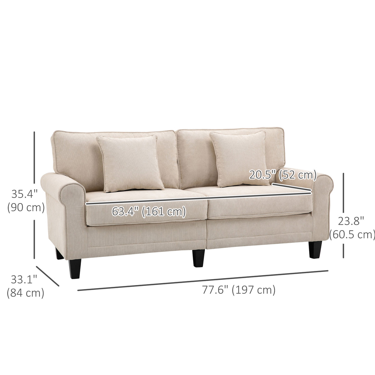 Modern 3 Seater Sofa, Corduroy Fabric 3 Seater Couch with Pine Wood Legs and Rolled Armrests for Living – view 2