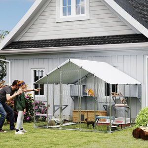 94.5" Extra Large Metal Outdoor Catio with Waterproof Cover, 2 Resting Boxes, 7 Platforms, for Multiple Rabbits, Chicken