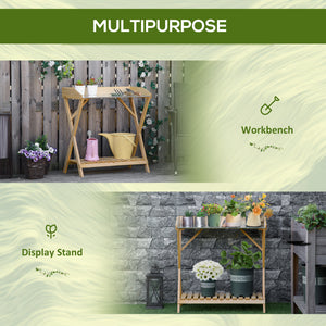 Garden Potting Bench Table, Wooden Work Station, Outdoor Planting Workbench w/ Galvanized Metal Tabletop and Storage Shelf