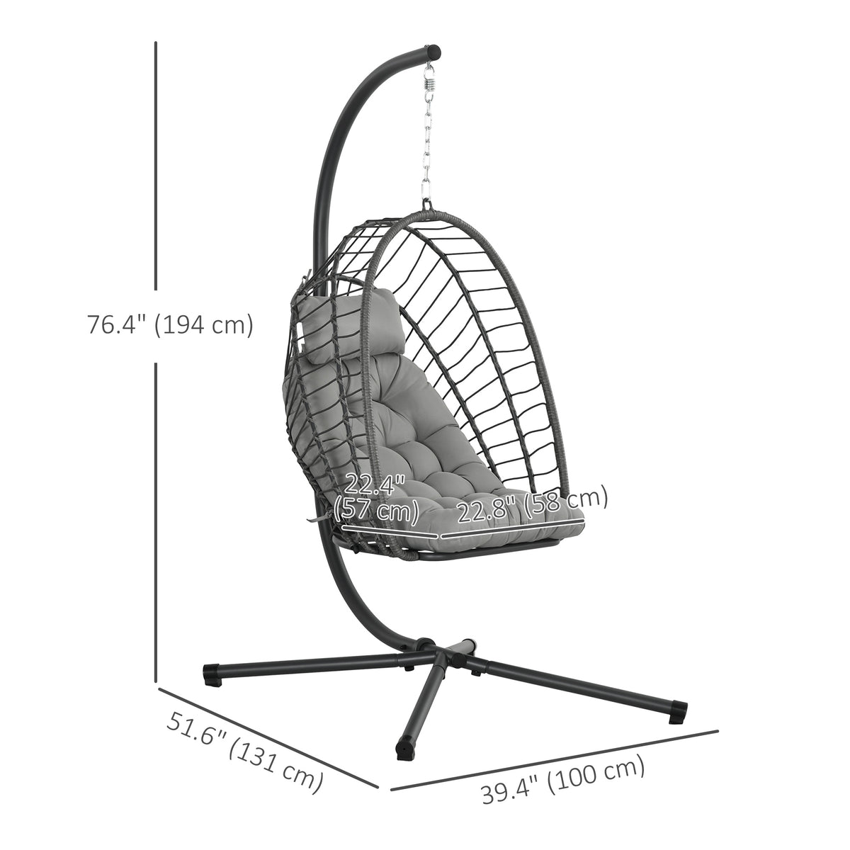 Hanging Egg Chair with Stand, Foldable Wicker Rattan Swing Chair with Thick Cushion, Light Grey