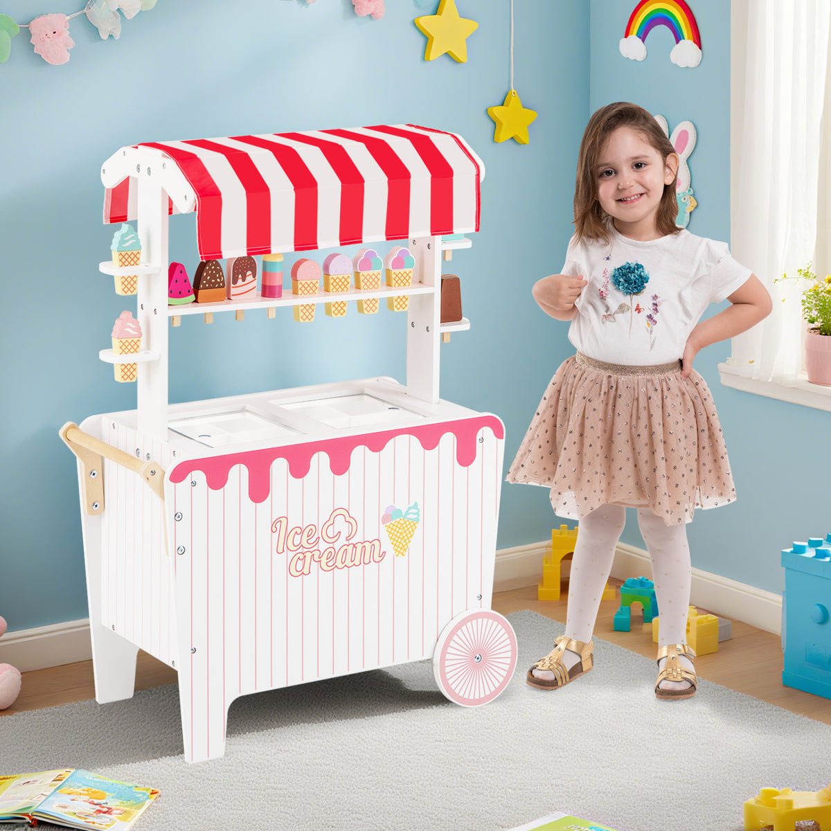 Kids Ice Cream Cart Playset with Display Rack and Accessories-Red view 2