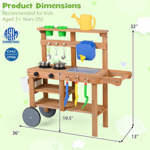 Kids Mud Kitchen with Water Tank and Sink and 15 Accessories for Ages 3+-Natural view 5