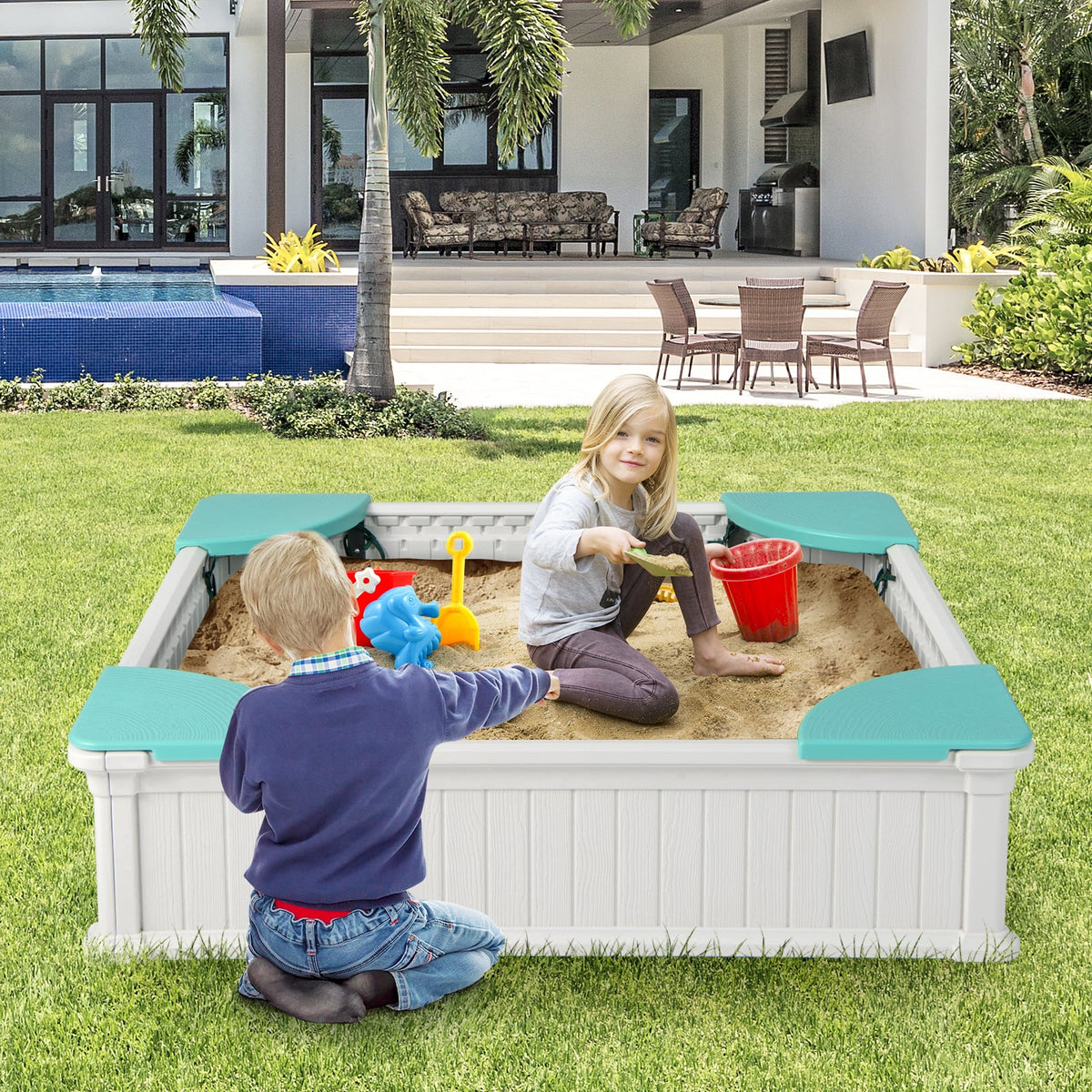 Kids Outdoor Sandbox with Oxford Cover and 4 Corner Seats-White view 2