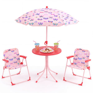 Kids Outdoor Table and Chair Set with 2 Folding Chairs and Height Adjustable Umbrella-Pink and White