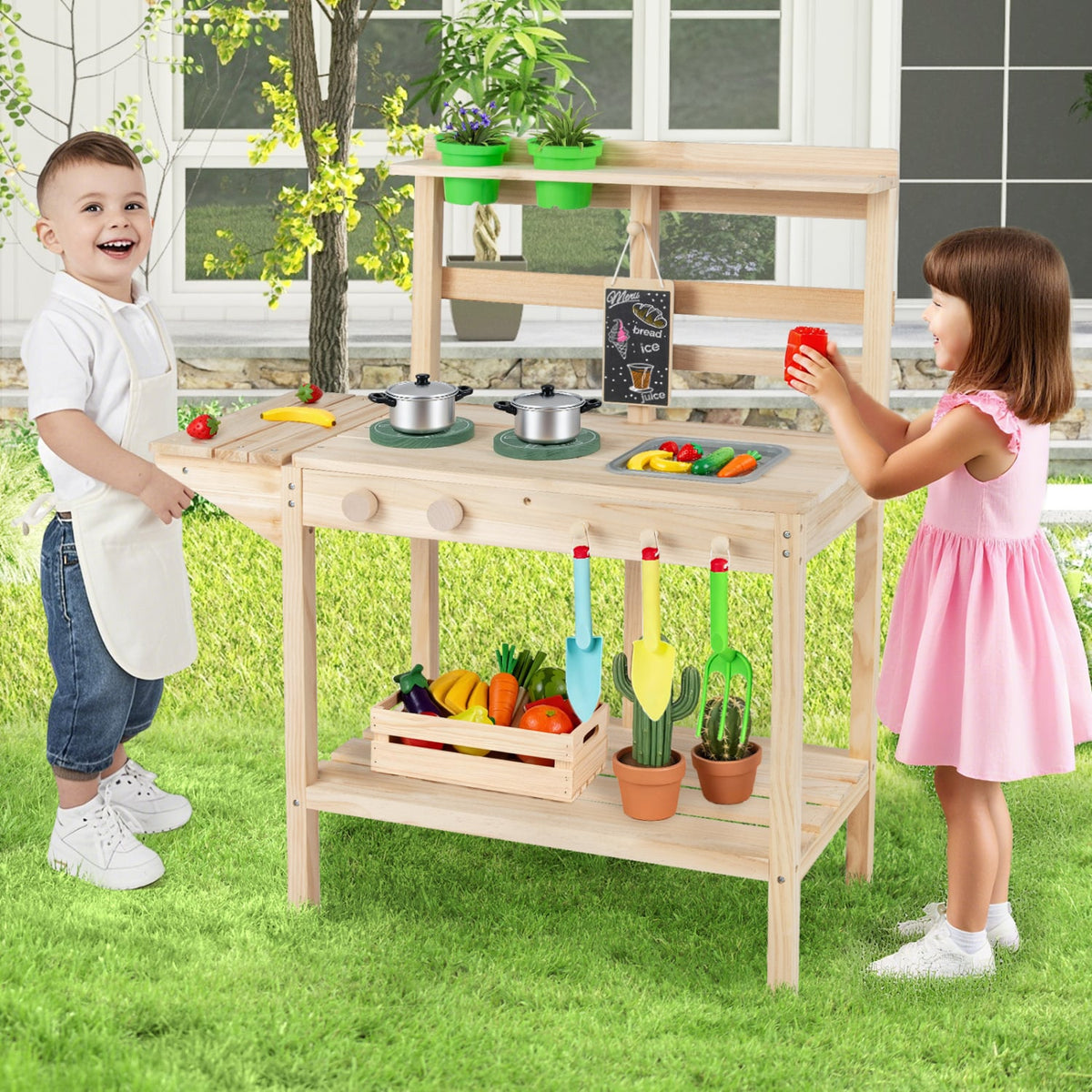 Kids Play Kitchen Set Wooden Kitchen Playset with Stoves for Boys Girls 3+-Natural view 2