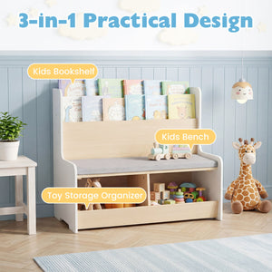 Kids Reading Nook with Bench Bookshelf and 2 Cubbies-White view 7