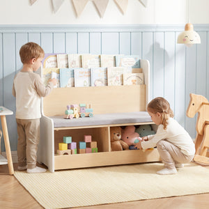 Kids Reading Nook with Bench Bookshelf and 2 Cubbies-White view 9