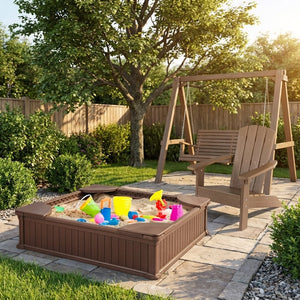 Kids Sandbox with Cover and Seats with 2 Kids Adirondack Chairs view 7