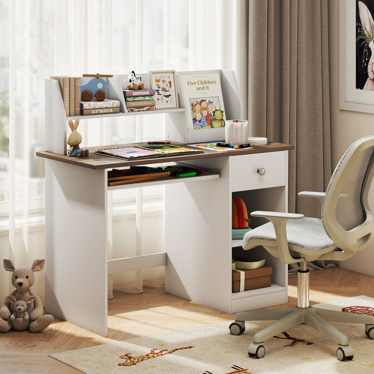 Kids Study Desk Children Writing Table with Drawer Shelves and Keyboard Tray-Natural view 2