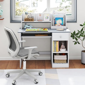 Kids Study Desk Children Writing Table with Hutch Drawer Shelves and Keyboard Tray-Gray view 3