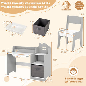 Kids Study Desk and Chair Set with Open Shelves Drawer and Fabric Storage Bin-Gray view 6