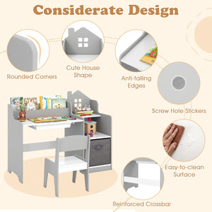Kids Study Desk and Chair Set with Open Shelves Drawer and Fabric Storage Bin-Gray view 9