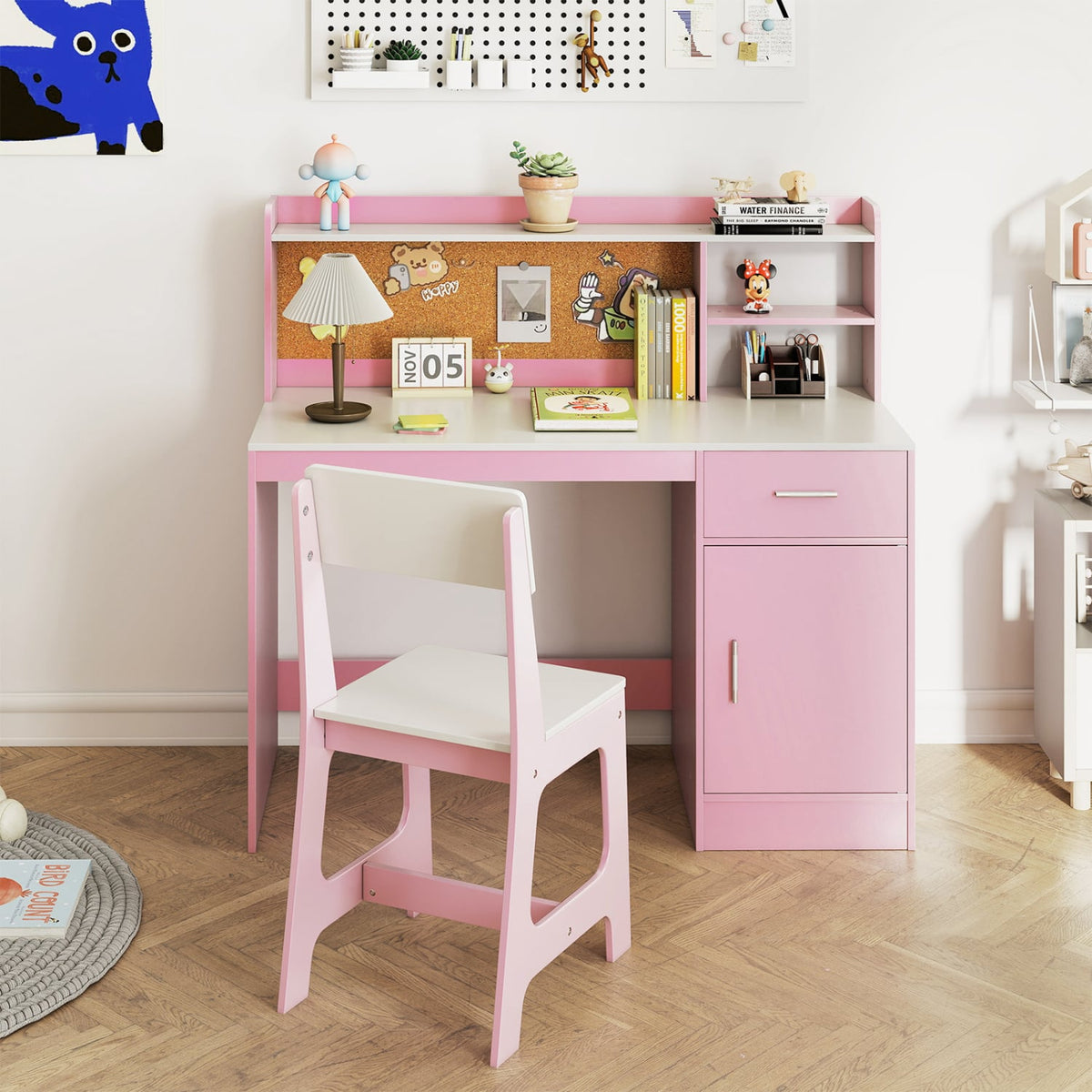 Kids Study Desk and Chair Set Student Table and Chair-White + Pink view 2