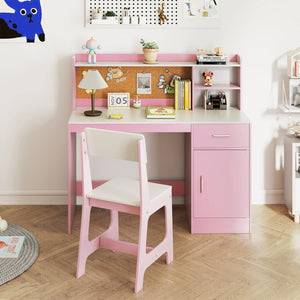 Kids Study Desk and Chair Set Student Table and Chair-White + Pink view 2
