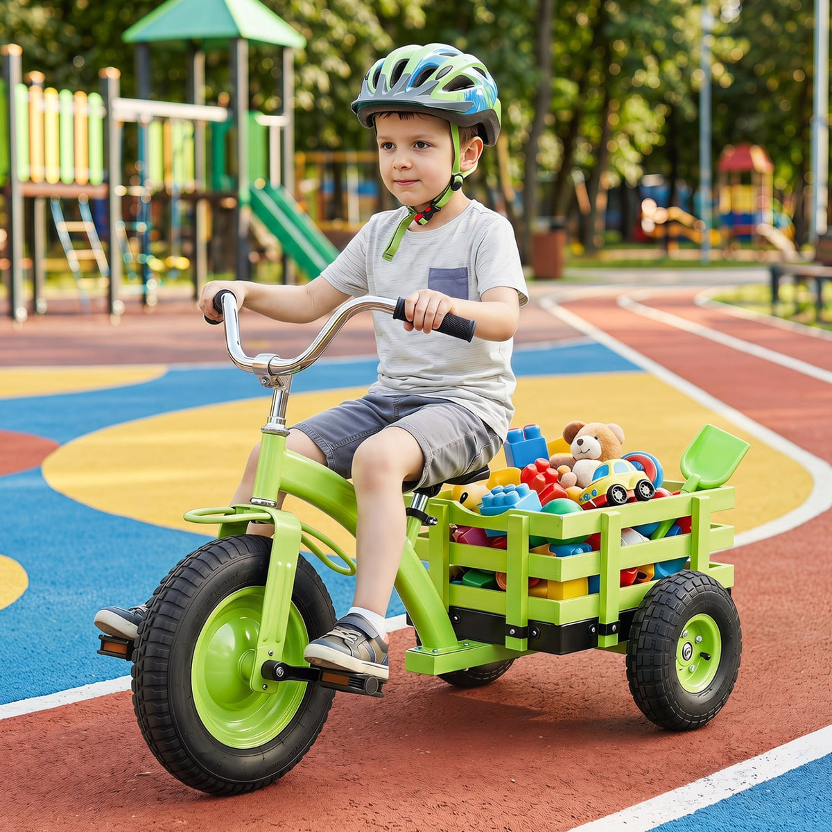 Kids Tricycle with 15 Inch Inflatable Rubber Tires -Green view 2