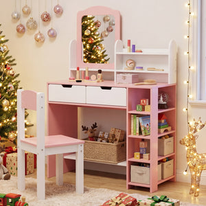 Kids Vanity Set with Chair and Mirror Makeup Dressing Desk with Storage Shelves and Drawers-White & Pink view 6