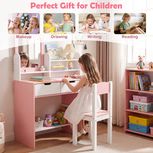 Kids Vanity Set with Chair and Mirror Makeup Dressing Desk with Storage Shelves and Drawers-White & Pink view 9