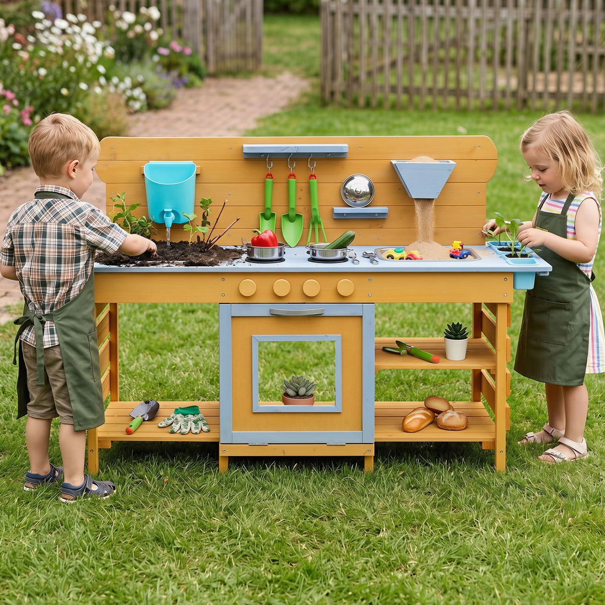 Kids Wooden Mud Kitchen with 2 Sinks and 4 Stoves-Natural view 2