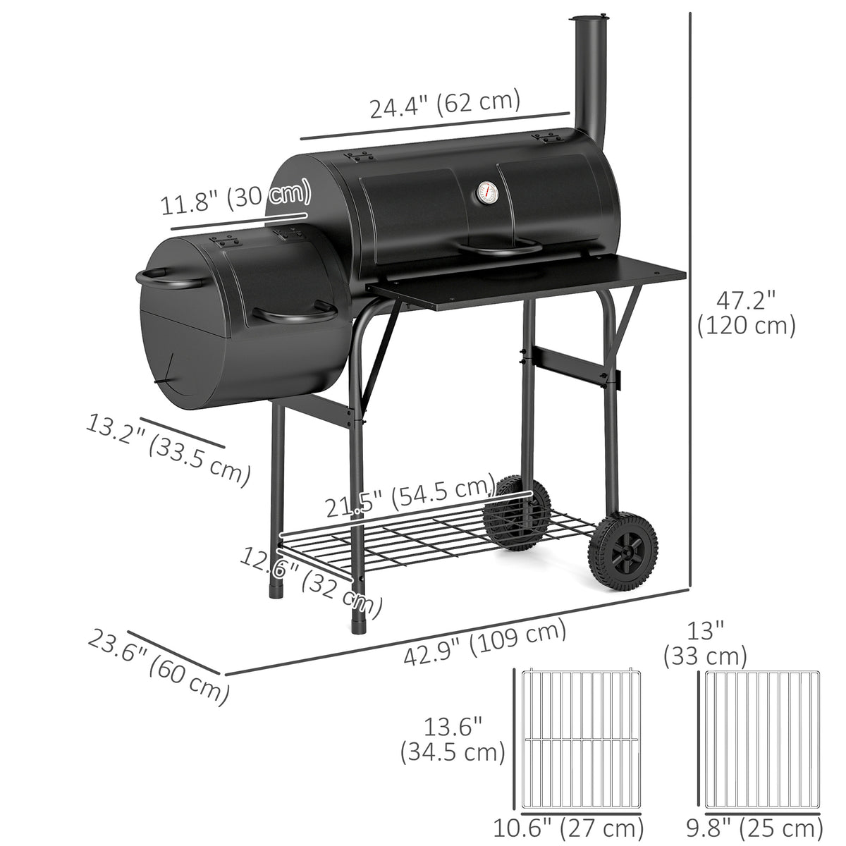 Portable Outdoor Charcoal BBQ Grill with Offset Smoker, Barbecue Grill with Spacious Cooking Area, 2 Shelves, Thermometer, Wheels for Patio Backyard Party, Black