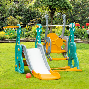 Qaba 4-in-1 Toddler Slide and Swing Set with Basketball Hoop and Adjustable Seat Height, Kids Play Climber Slide Playset for Indoor and Outdoor Playground Activity Center