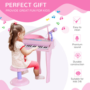 Qaba Mini Electronic Musical Piano 37 Key Keyboard Multifunction Kids Toy with Microphone Stool (Pink)