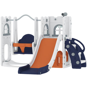 Qaba 6-in-1 Slide and Swing Set Baby Swing Playset Indoor with Basketball Hoop, Climber, Storage Space, Telescope