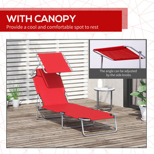 Outdoor Lounge Chair, Adjustable Folding Chaise Lounge, Tanning Chair with Sun Shade for Beach, Camping, Hiking, Backyard, Red