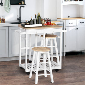 Kitchen Trolley 3 Piece Kitchen Cart Set Drop Leaf Breakfast Table and 2 Stools w/ Rolling Wheels & Towel Bars, Wood & White