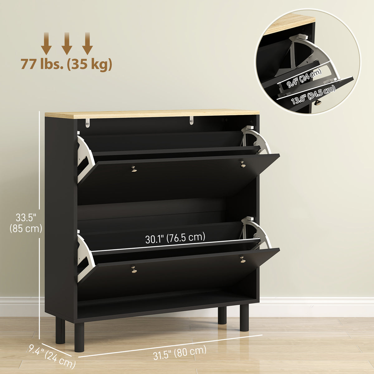 2 Drawers Shoe Storage Cabinet with Adjustable Shelves for 16 Pairs of Shoes, Black – view 2
