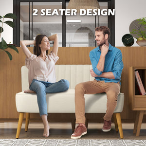 Modern 2 Seat Sofa for Bedroom, Upholstered Two Seater Couch with Rubber Wood Legs, Cream White