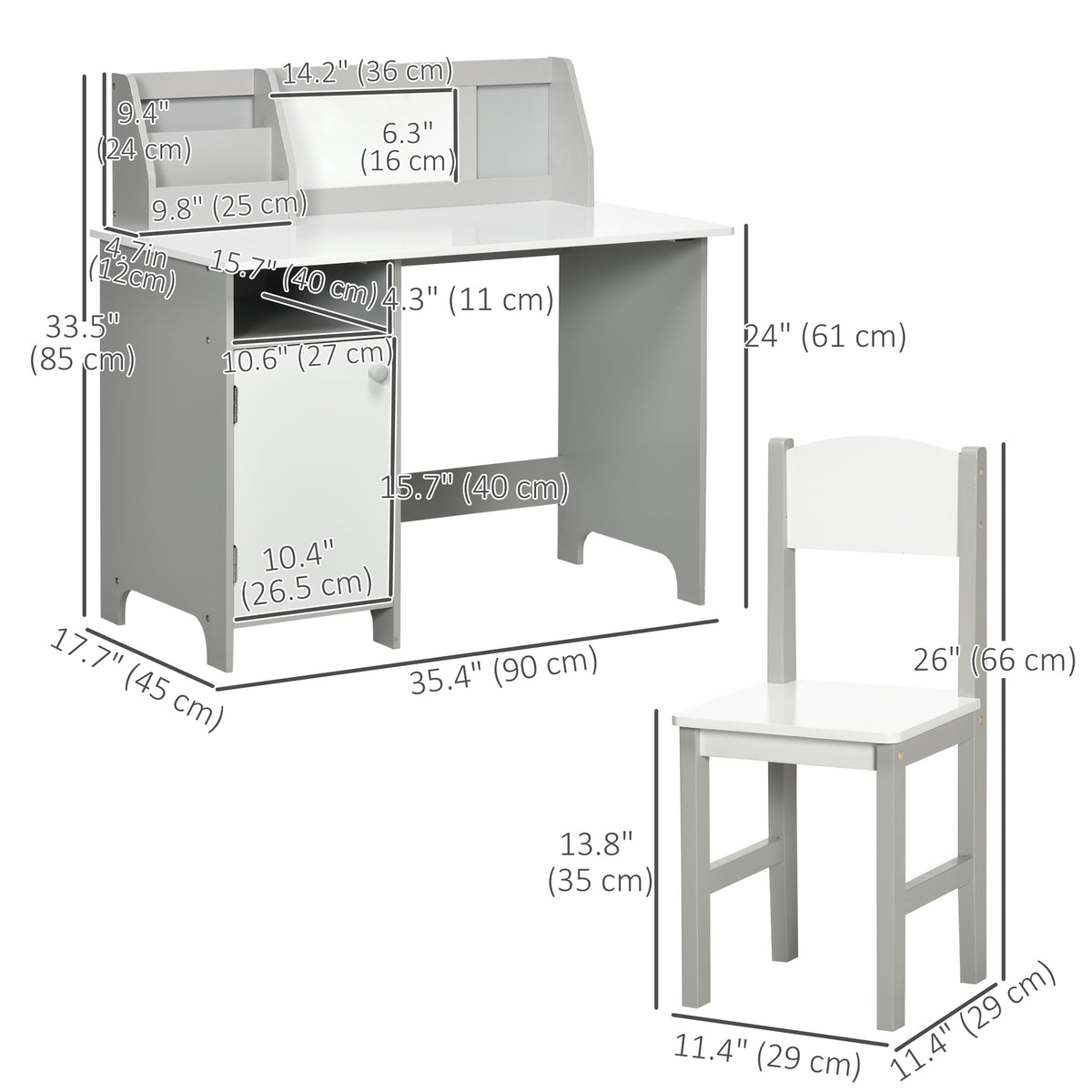 Qaba 2Pcs Kids Desk and Chair Set with Whiteboard, Storage, Shelves