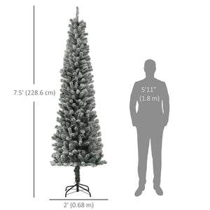 6ft Prelit Pencil Artificial Christmas Tree, Flocked Xmas Tree with Remote, Dual Colour LEDs, 429 Tips, Metal Stand