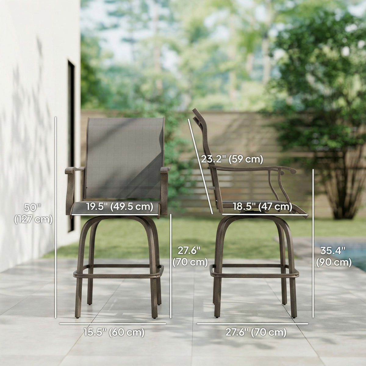 Outdoor Bar Stools Set of 2, Swivel Bar Height Chairs with High Back, Curved Armrests and Steel Frame, Black – view 2