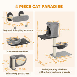 4Pcs Cat Wall Shelves with Scratching Post & Pad, Condo, Hammock, Bed, Step, Hanging Pompoms, Perches