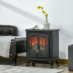 Electric Fireplace Stove Heater with LED Fire Flame Effect, Double Door, Freestanding & Portable with Overheat Protection, 750W/1500W, Black