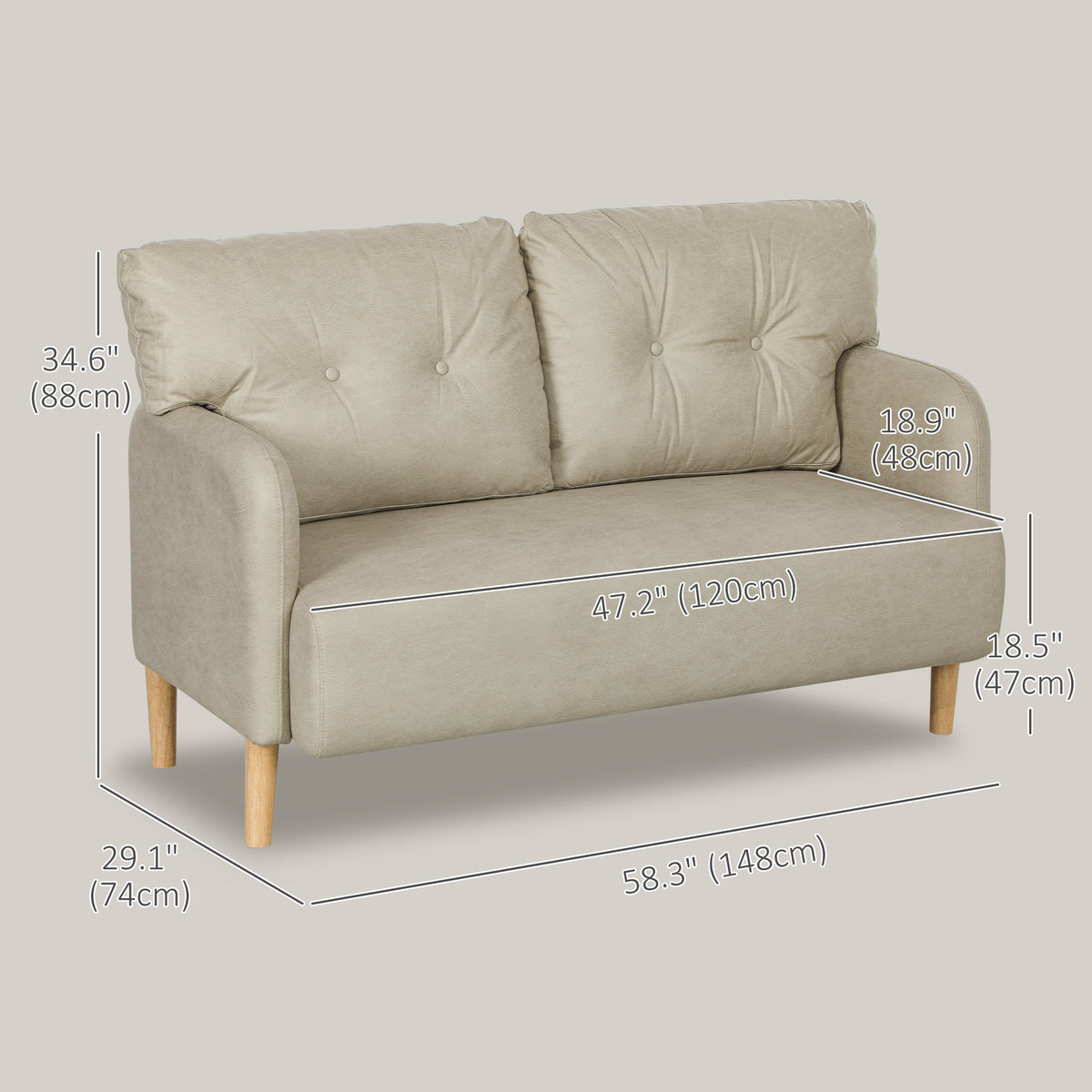 58" 2 Seat Sofa, Modern Love Seats Furniture, Upholstered 2 Seater Couch, Solid Wood Frame, Beige – view 2