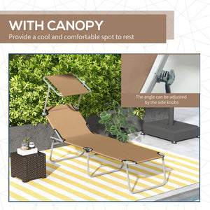 Outdoor Lounge Chair, Adjustable Folding Chaise Lounge with Sun Shade for Beach, Camping, Hiking, Brown