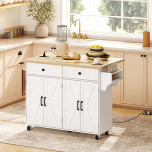 Kitchen Island with Storage, Rolling Kitchen Cart with Charging Station, Drop Leaf, Spice Rack, Towel Rack, Drawers