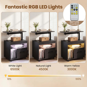 LED Nightstand with Power Outlets Modern Bedside Table with Flip over-Black view 7