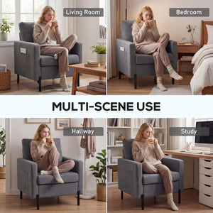 Accent Chair Modern Upholstered Armchair with Side Pockets and Cushion for Bedroom, Living Room, Beige – view 12