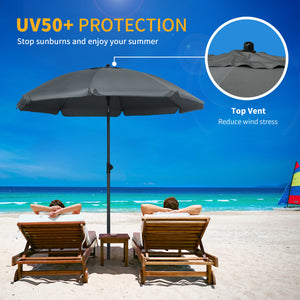 6ft Beach Umbrella, Outdoor Sun Shade Parasol with Push Button Tilt, Ruffled UV50+ Vented Canopy, Dark Grey