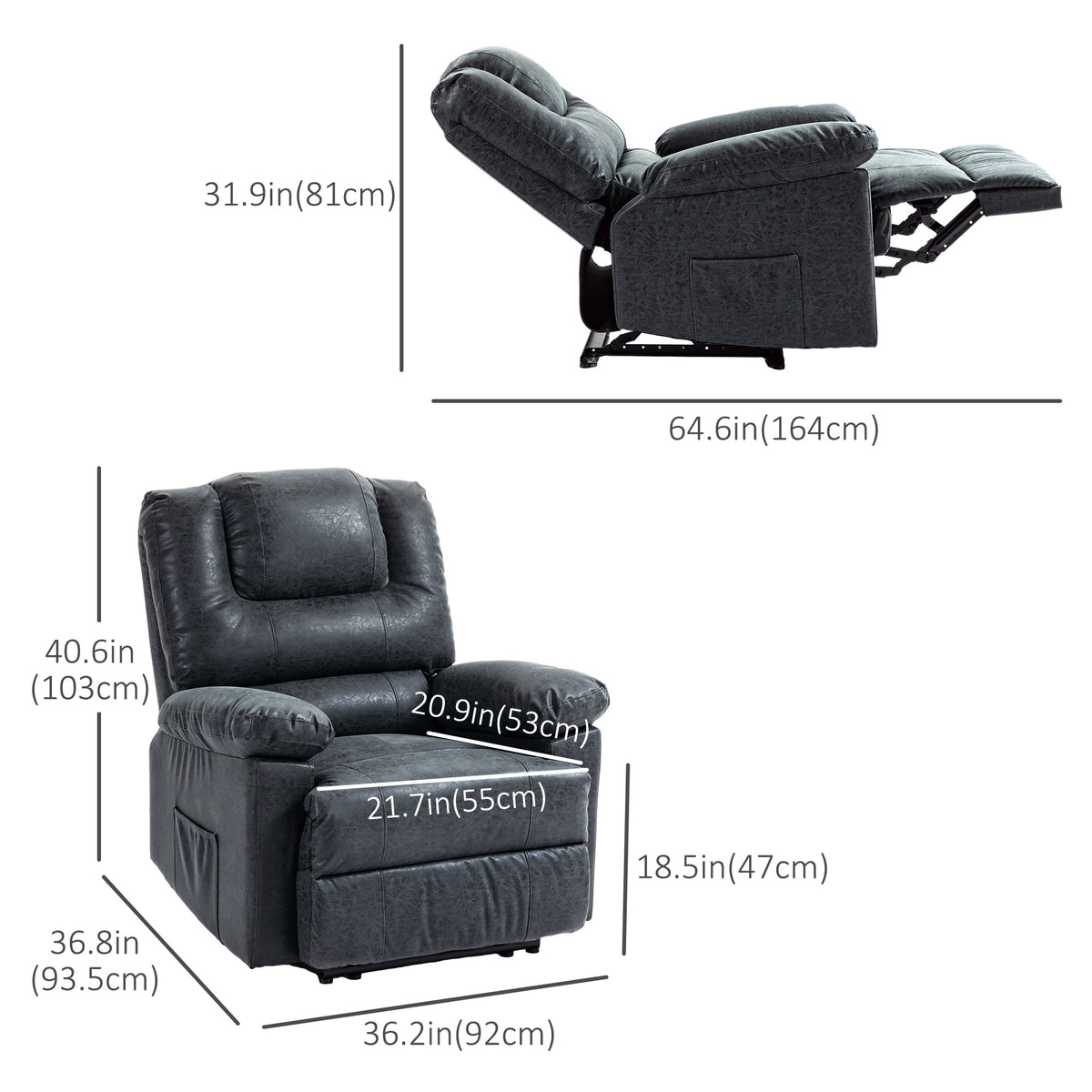 PU Leather Reclining Chair, Manual Recliner Chair for Living Room with Footrest, 2 Side Pockets, Steel Frame, Black