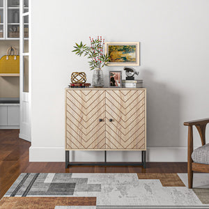 Modern Sideboard, Buffet Cabinet with 2 Chevron Doors and Adjustable Shelf, Kitchen Storage Cabinet with Steel Base, Coffee Bar Cabinet, 31.5" H, Oak