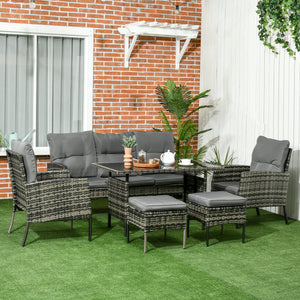 6-Piece Outdoor Patio Furniture Set with Chairs, Ottomans, Sofa, Glass Top Coffee Table and Cushions, Wicker Rattan Conversation Set for Backyard and Porch, Grey