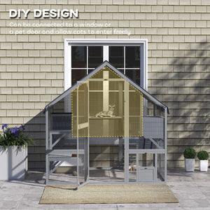 Large Catio Outdoor with Waterproof Cover, 2 Resting Boxes, 4 Platforms, Bridge, for 2-4 Kittens, Grey