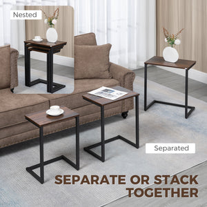 Nesting Coffee Table Set of 3, Stackable Rectangular End Tables with Wood-Effect Top, Metal Frame, Industrial & Rustic C-Shaped for Small Space, Living Room, Rustic Brown