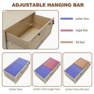 2-Drawer Filing Cabinet with Lock, Rattan File Cabinet with Adjustable Hanging Bar, Natural – view 4